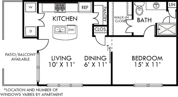 A floor plan of an apartment with a kitchen, living room, dining room, bedroom and bathroom.