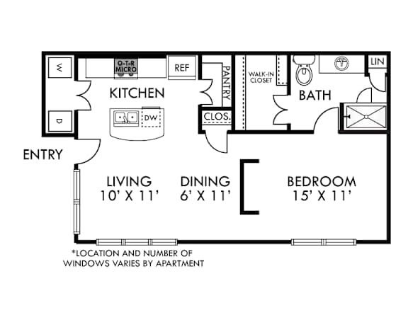 A floor plan of an apartment with a kitchen, living room, dining room, bathroom, and bedroom.