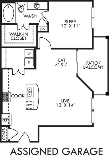 The Longhorn with Assigned Garage 3D. 1 bedroom apartment. Kitchen with island open to living/dinning rooms. 1 full bathroom. Walk-in closet. Patio/balcony.