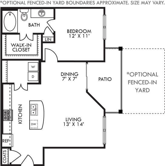 A drawing of a house layout with optional fenced-in yard boundaries.