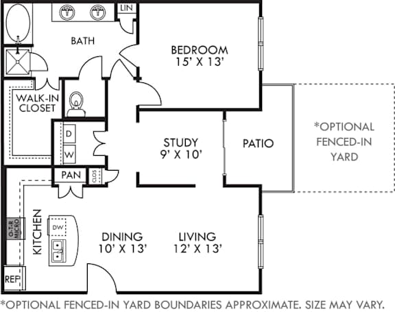 A floor plan of a house with a bedroom, study, dining area, and living area.