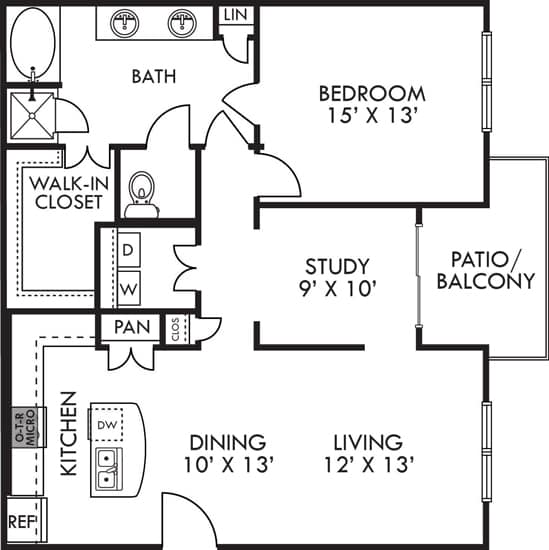 A floor plan of a home with a living room, dining room, kitchen, study, bedroom, bathroom, and walk-in closet.