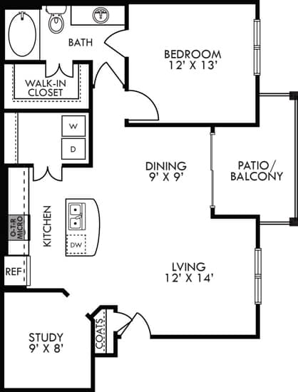 A floor plan of a home with a living room, dining room, kitchen, bedroom, and bathroom.