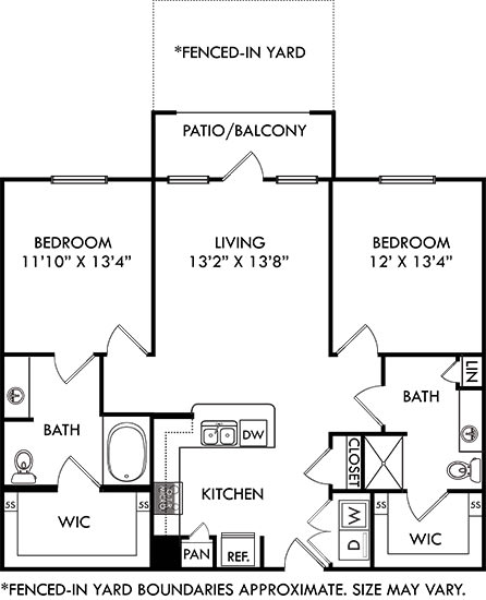The Zilker. 2 bedroom apartment with Fenced-in yard. Kitchen with bartop open to living room. 2 full bathrooms, double vanity in master, shower stall in guest. Walk-in closets. Patio/balcony.