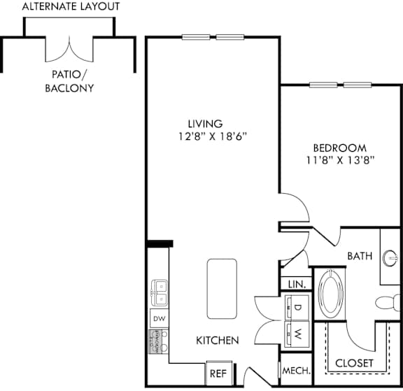 A black and white image of a floor plan for a house with a living room, bedroom, kitchen, and bathroom.