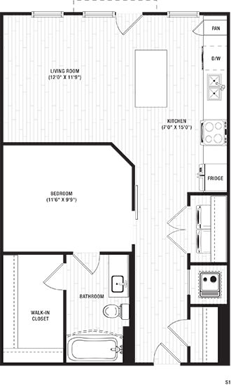 the abbott studio apartment with 1 bath. Entrance hallway with access to closet and full size laundry closet. hallway opens up to kitchen and living areas. sliding door in hallway leads to bedroom with walk-in closet and bathroom access. transom opening in bedroom allows for ample lighting.