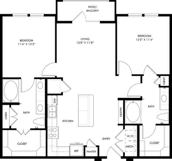 A black and white image of a floor plan for a house with two bedrooms, a living room, a kitchen, a bathroom, a pantry, a closet, and a patio/balcony.