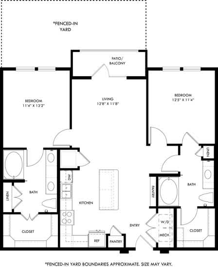 A black and white floor plan of a house with a fenced-in yard.