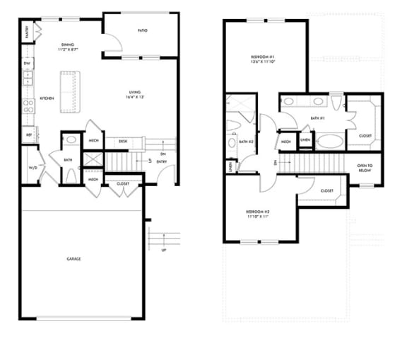 two floor plan of a house with two bedrooms and two baths