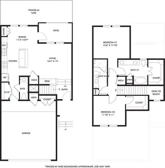 a floor plan of a townhome with two levels. the first level has a garage, half bath, kitchen with an island, dining space and a living area. the second floor has 2 bedrooms, both with attached bathrooms and walk in closets.