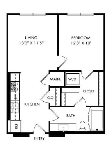 A black and white image of a floor plan for a small apartment.