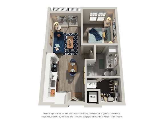 A floor plan of a small apartment with a kitchen, living room, and bedroom.