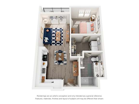 A floor plan of a small apartment with a kitchen, living room, and bathroom.