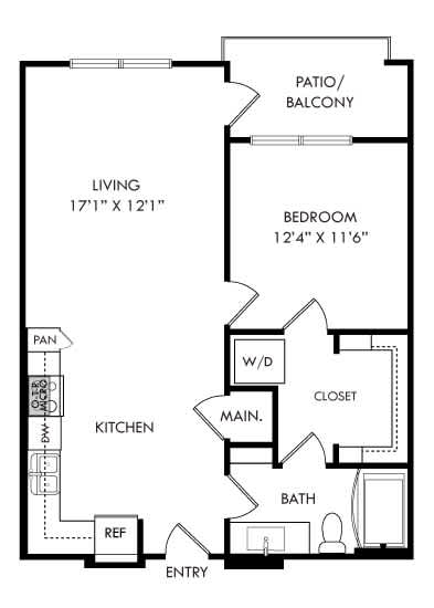 A black and white image of a floor plan for a home with a living room, kitchen, bathroom, bedroom, and closet.