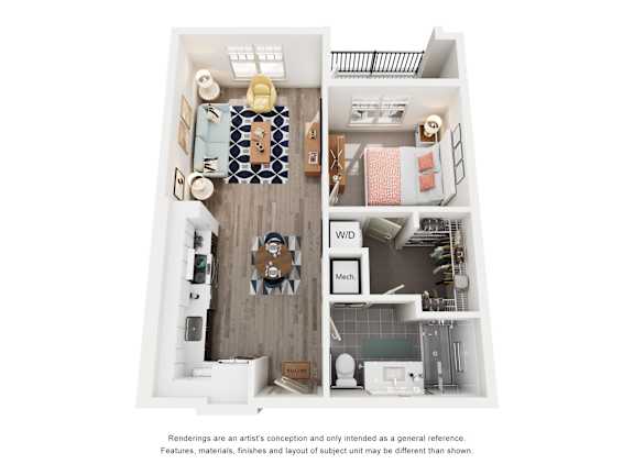 A floor plan of a small apartment with a kitchen, living room, and bathroom.