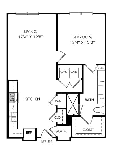 A black and white image of a floor plan for a living space.