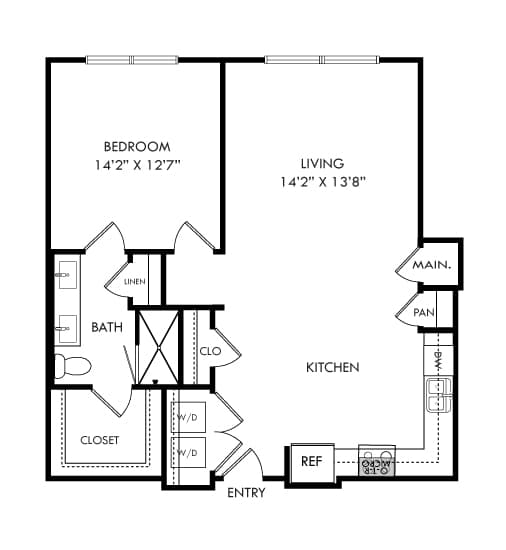 A black and white image of a floor plan for a bedroom, bathroom, kitchen, and living room.