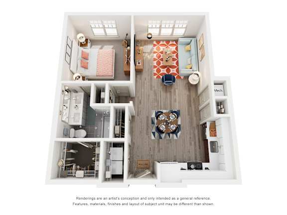 A floor plan of a small apartment with a kitchen, living room, and bathroom.