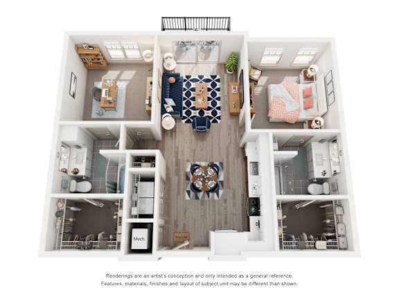 A floor plan of a house with a kitchen, living room, and two bedrooms.