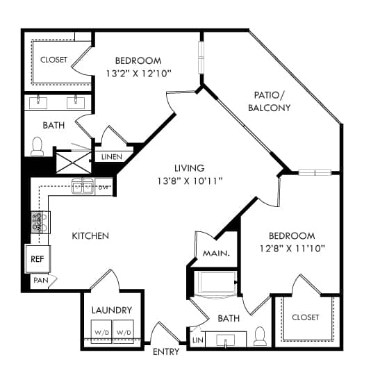 A black and white image of a floor plan for a living space.