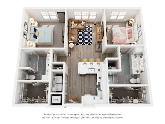 A floor plan of a small apartment with a kitchen, living room, and two bedrooms.