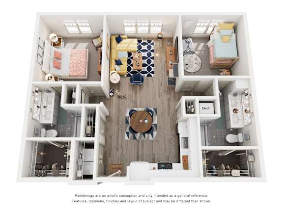 A floor plan of a house with a kitchen, living room, and two bedrooms.