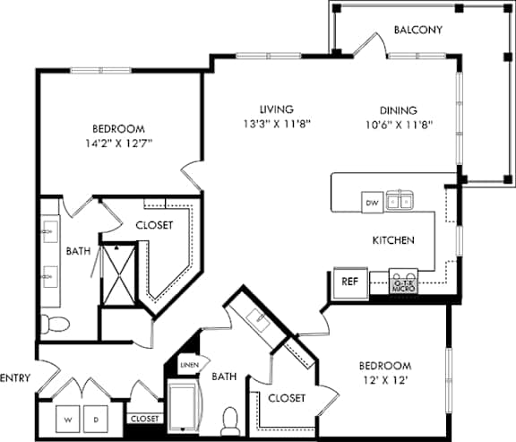 A black and white image of a house floor plan with a balcony, two bedrooms, a living room, a dining room, a kitchen, a bathroom, a laundry area, and a pantry.
