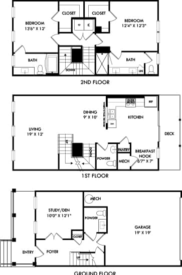 A floor plan of a two-story house with a garage.