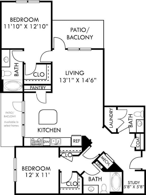 A black and white image of a house floor plan with a living room, kitchen, two bedrooms, a bathroom, a pantry, a laundry room, and a study.