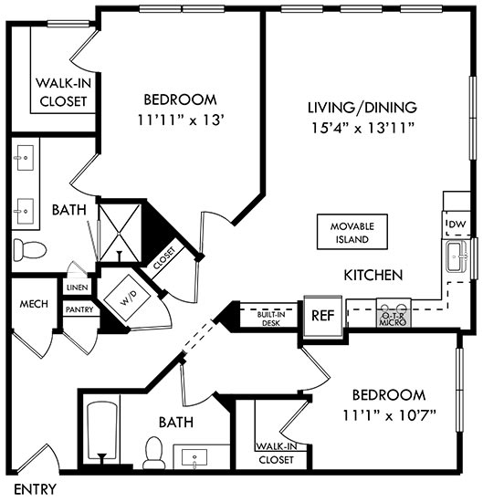 2 bedroom 2 bath Virginia Pine floorplan. Entry into foyer/hallway with pantry, closet, and w/d closet. opens to l-shaped kitchen with built-in desk. Overlooks living/dining area. primary bedroom has private bath with double vanity and standalone shower. secondary bedroom shares access to 2nd bath with guest.