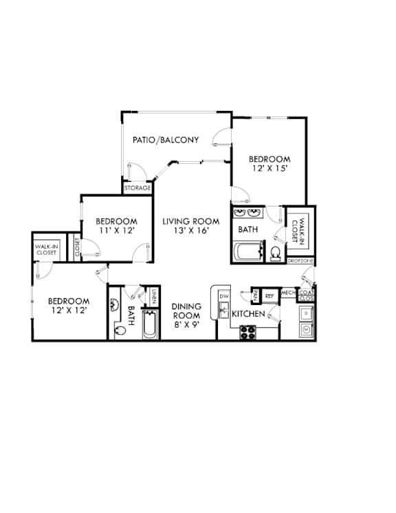 A floor plan of a house with a living room, dining room, kitchen, and three bedrooms.