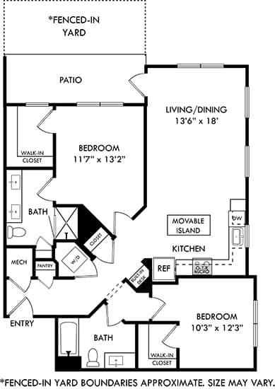 A black and white image of a floor plan for a fenced-in yard.