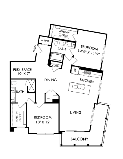 A floor plan of a house with a living room, bedroom, and balcony.