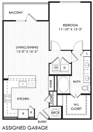 The Witten + assigned garage. 1 bedroom apartment. Kitchen with bartop open to living/dinning rooms. 1 full bathroom double vanity. Walk-in closet. Patio/balcony.