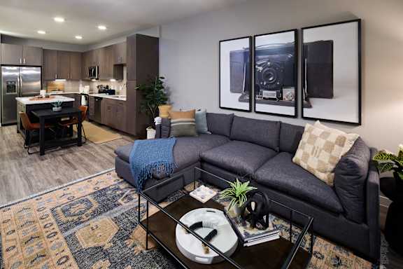 A modern living room with a grey couch and a coffee table.