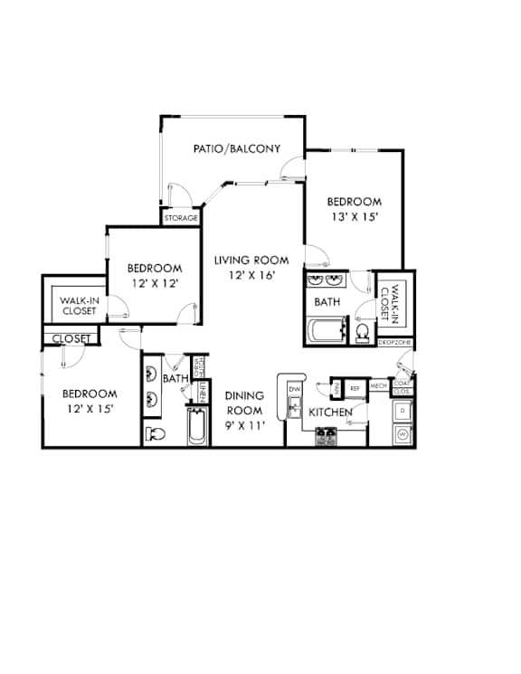 A floor plan of a home with a living room, dining room, kitchen, and three bedrooms.