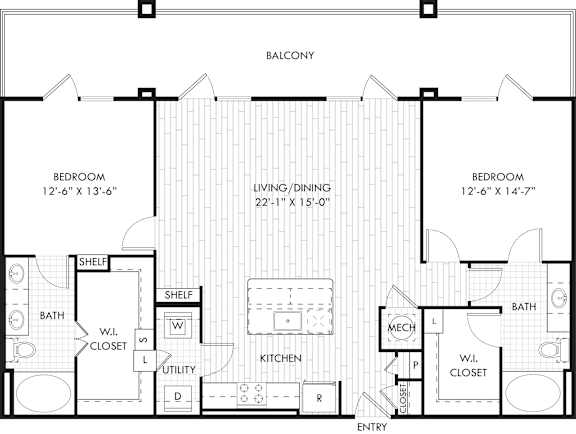 A black and white floor plan of a house with two bedrooms, a living/dining area, a kitchen, two bathrooms, and a balcony.