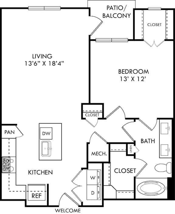 A floor plan of a small apartment with a living room, bedroom, kitchen, and bathroom.