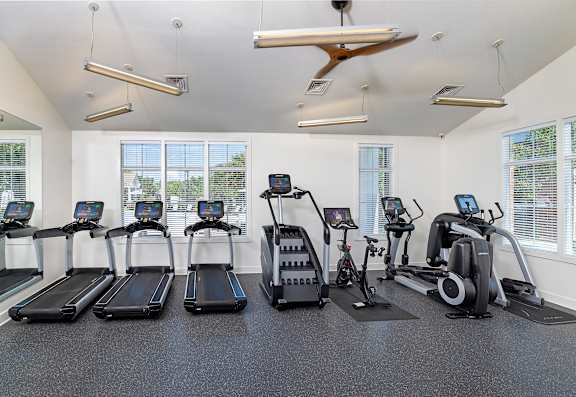 A row of treadmills and exercise bikes are lined up in a brightly lit gym.