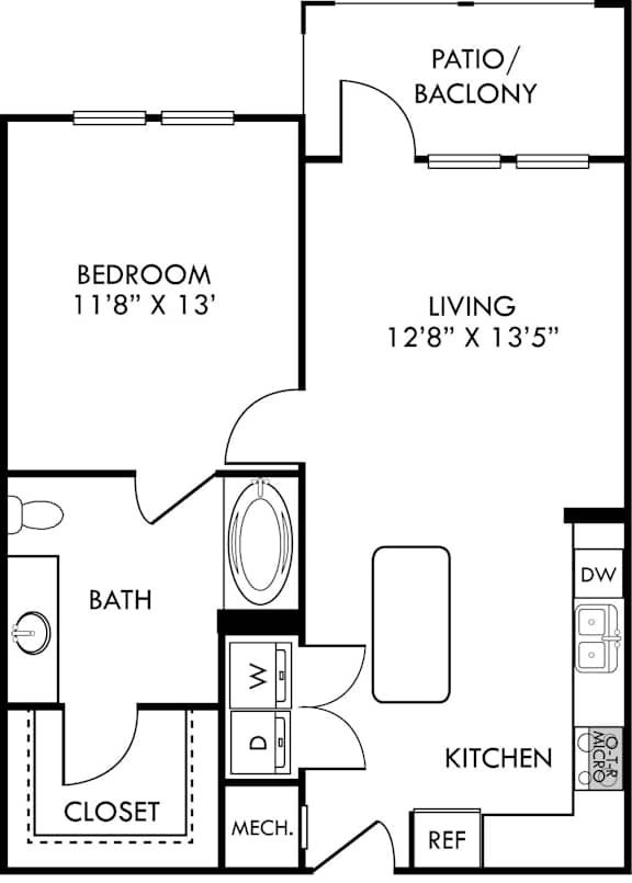 A floor plan of a small apartment with a bedroom, bathroom, kitchen, and living room.