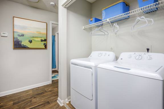 A laundry room with a washer and dryer and a painting on the wall at The Pointe at Irving Park, Greensboro, NC, 27408