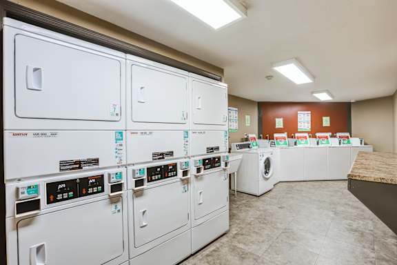 A row of washing machines in a laundromat.