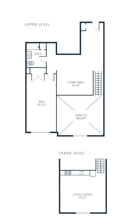 A1 1 Bed 1 Bath Floor Plan Layout at Riverwalk Apartments, Lawrence
