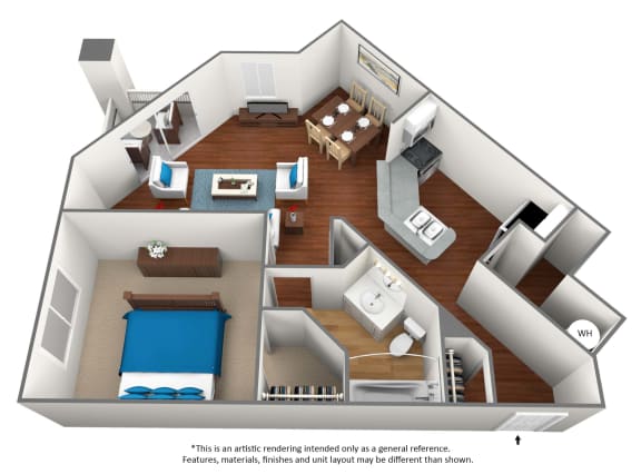 1 bedroom 1 bathroom floor plan A at University Ridge Apartments, North Carolina, 27707