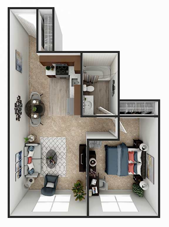 A top down view of a small apartment with a kitchen, living room, and bedroom.