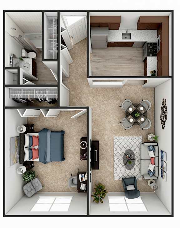 A top-down view of a small apartment with a living room, kitchen, and bedroom.
