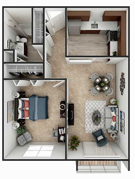 Floor Plan  A top-down view of a small apartment with a living room, kitchen, and bedroom.