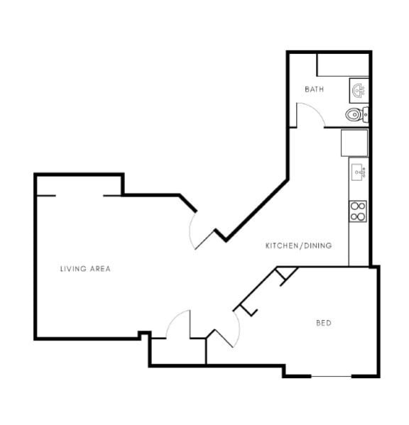 A2 1 Bed 1 Bath Floor Plan Layout at Riverwalk Apartments, Massachusetts 01843