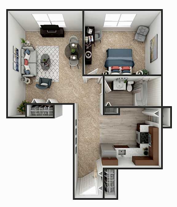 Floor Plan  A top-down view of a small apartment with a kitchen, living room, and bedroom.