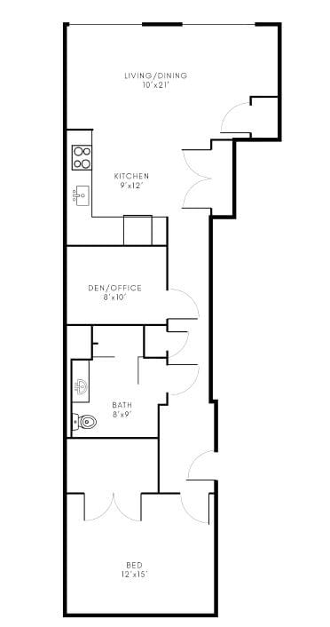 A9D 1 Bed 1 Bath with Den Floor Plan Layout at Riverwalk Apartments, Lawrence
